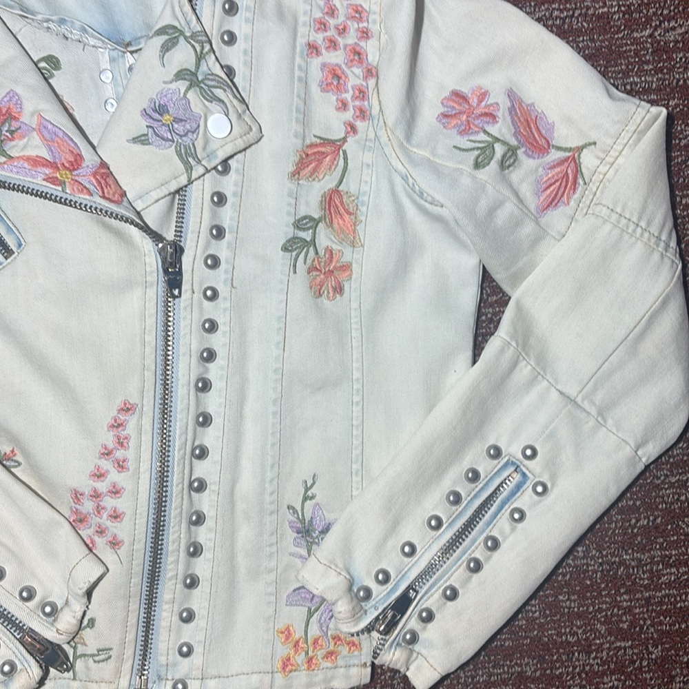 Montanaco Floral Embroidered denim moto Jacket country chic studded zip up - Picture 6 of 16